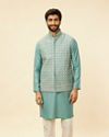 Mid Blue Floral Blue Patterned Kurta Jacket Set